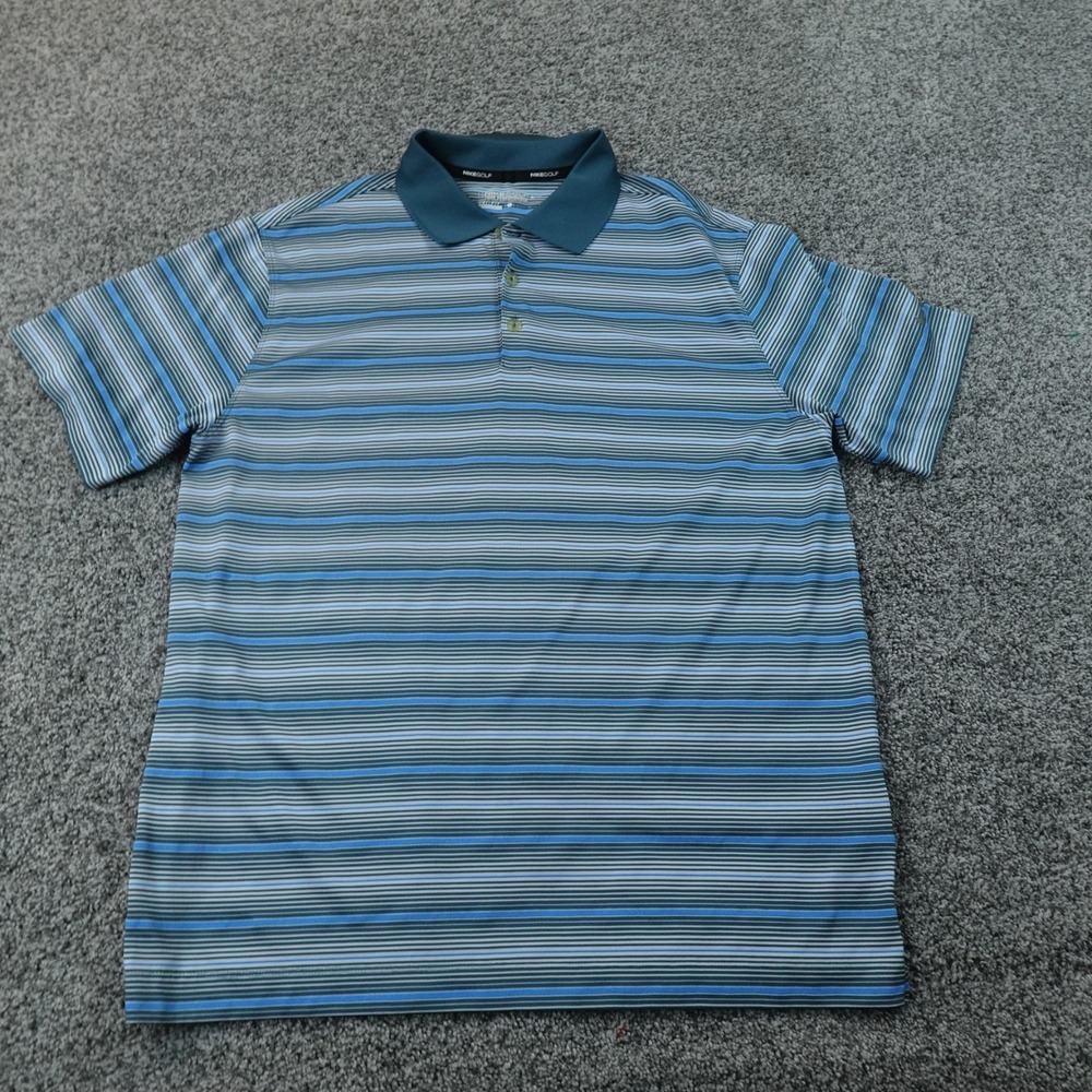 Nike Polo Shirt Mens L Blue Striped Dri FIT Golf Tour Performance Short Sleeve